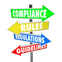 sign post with signs reading "compliance," "rules," "regulations," and "guidelines"